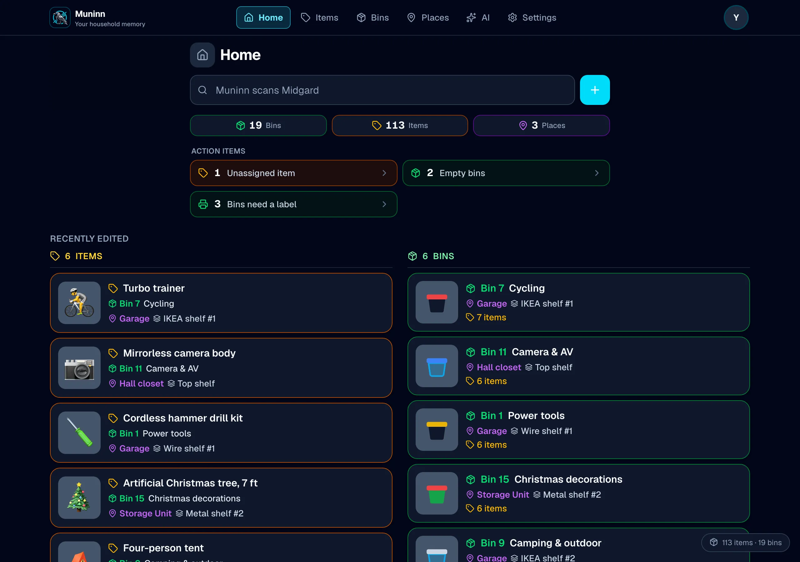 The same Muninn Home screen on a laptop: a top nav instead of a bottom tab bar, and the recently edited items and bins running side by side in two columns.
