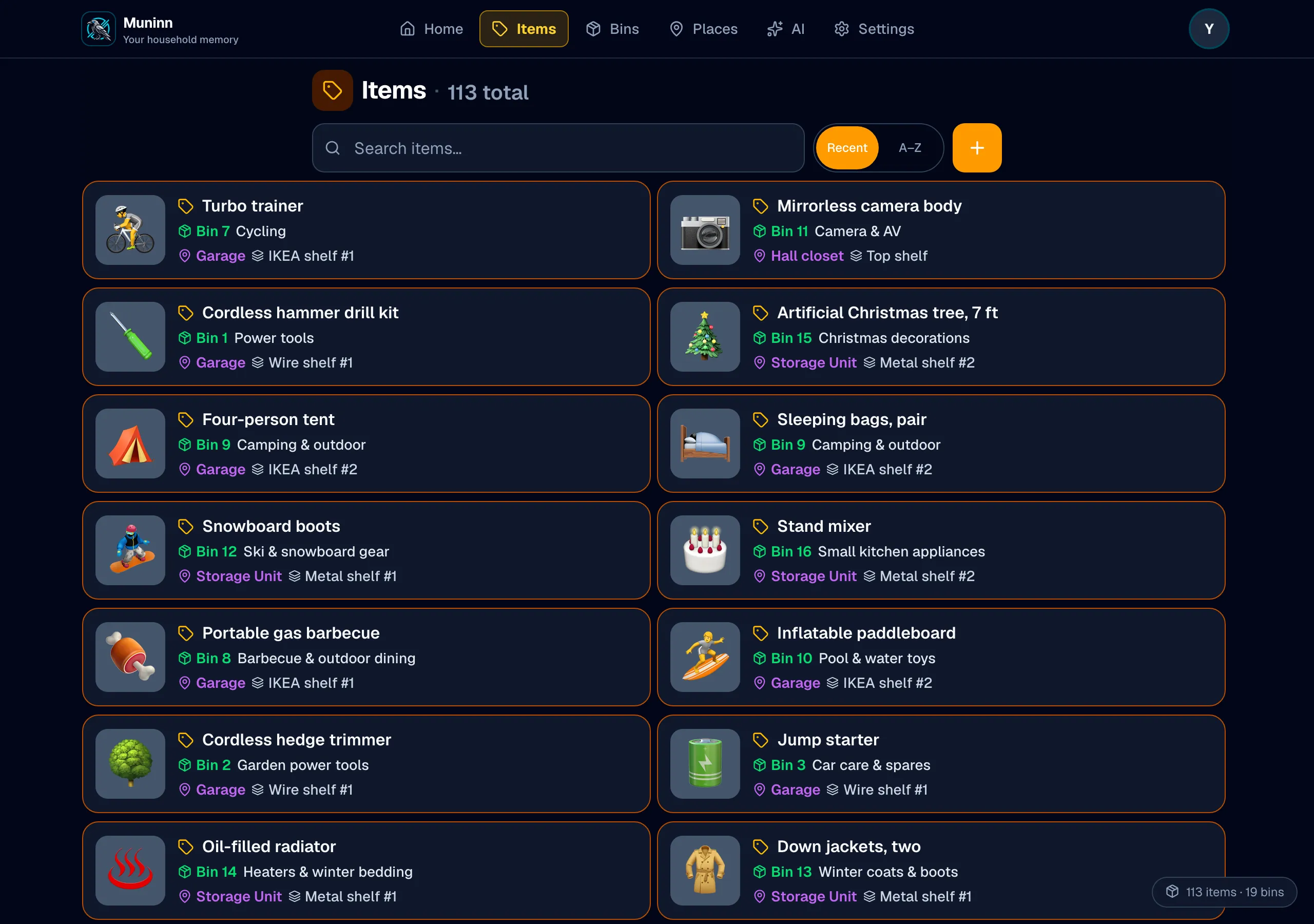 Muninn’s Items list on a laptop: 113 items in two columns, each row naming the bin, place and shelf it lives on.