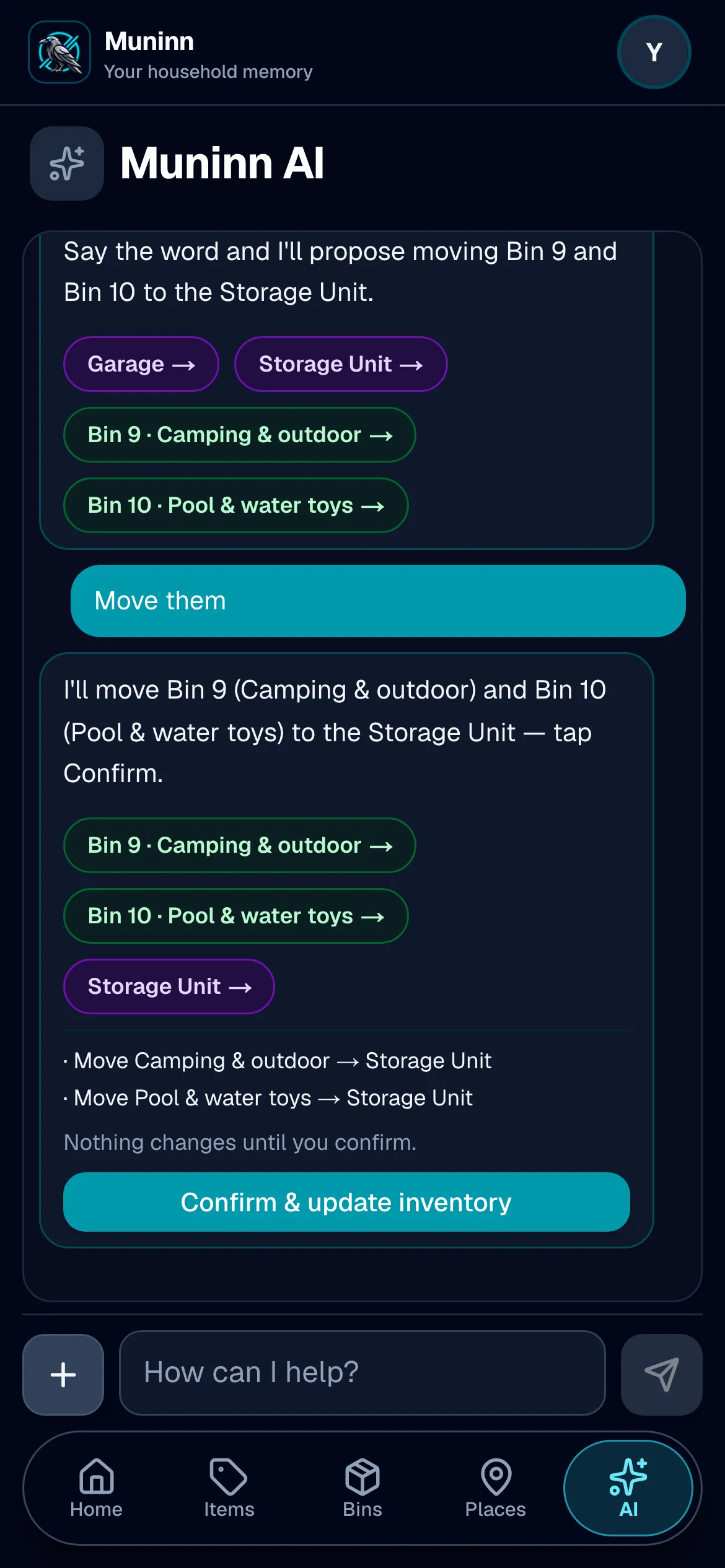 A conversation with Muninn on a phone. The end of its answer about the seasonal swap offers to move Bin 9 and Bin 10 to the Storage Unit. Told “move them”, it proposes moving Camping & outdoor and Pool & water toys to the Storage Unit, above a Confirm & update inventory button.