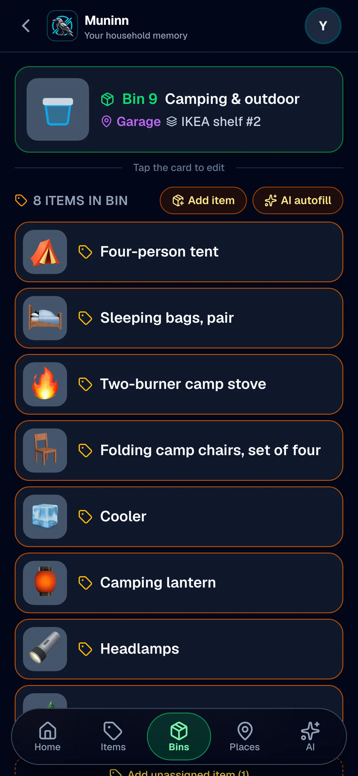 Bin 9, Camping & outdoor, in the Garage on IKEA shelf #2, with its eight items listed: a four-person tent, sleeping bags, a two-burner camp stove, folding chairs, a cooler and a camping lantern.