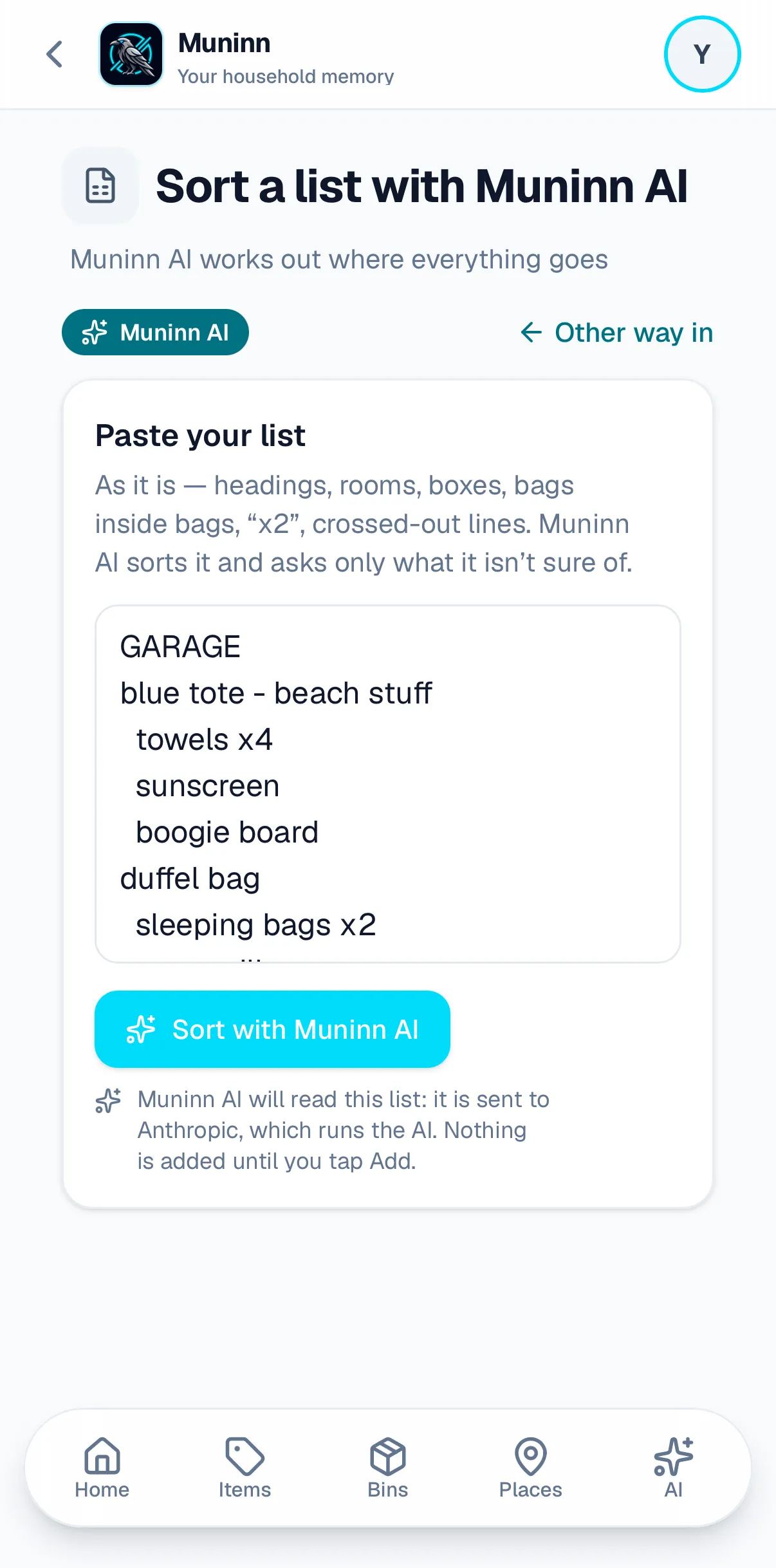 Muninn’s Sort a list with Muninn AI screen on a phone, with a messy list pasted into the box: GARAGE, blue tote - beach stuff, towels x4, sunscreen, boogie board, duffel bag, sleeping bags x2. Below it, a Sort with Muninn AI button and a line saying nothing is added until you tap Add.