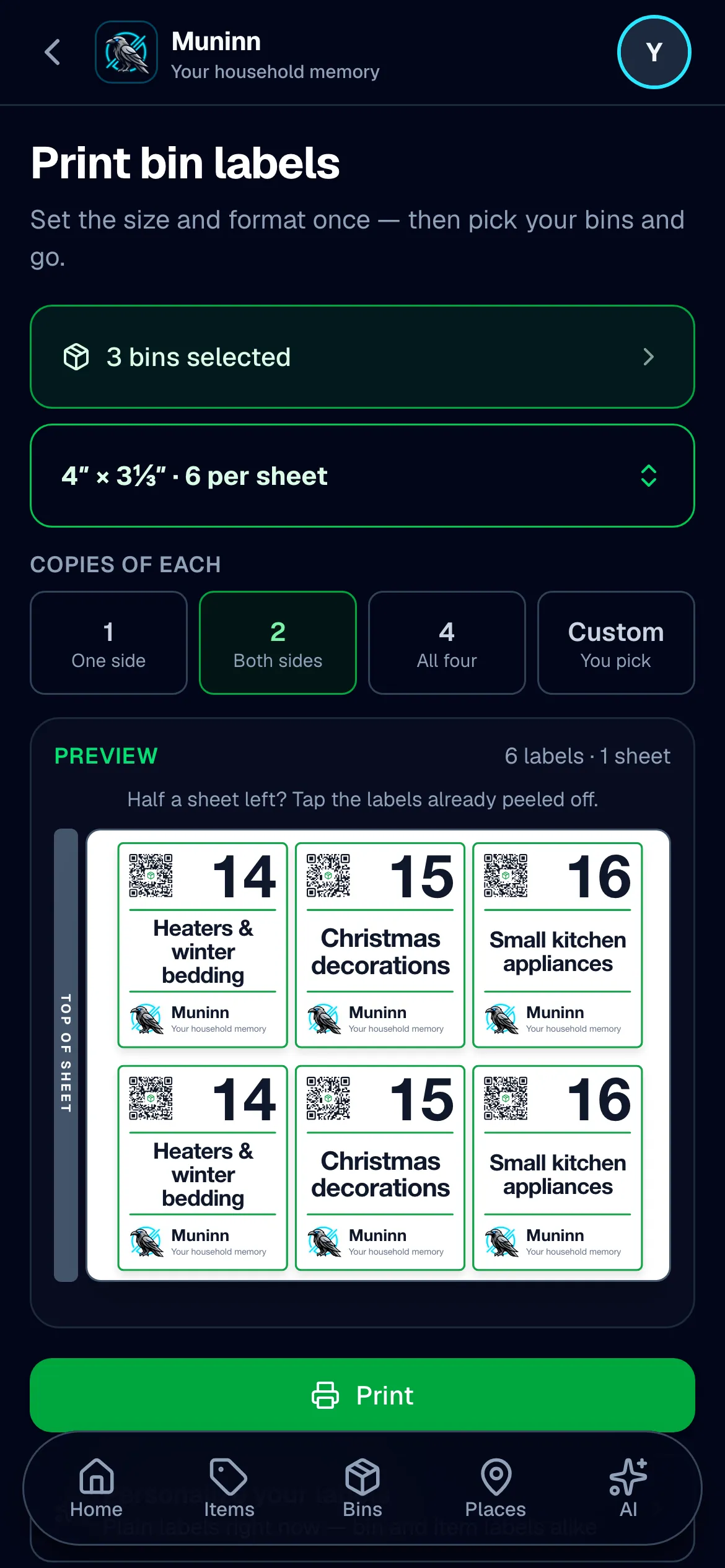 Muninn’s Print bin labels screen on a phone: a sheet of six labels laid out ready to print — two copies each of bins 14, 15 and 16 — above the controls for which bins and how many copies.