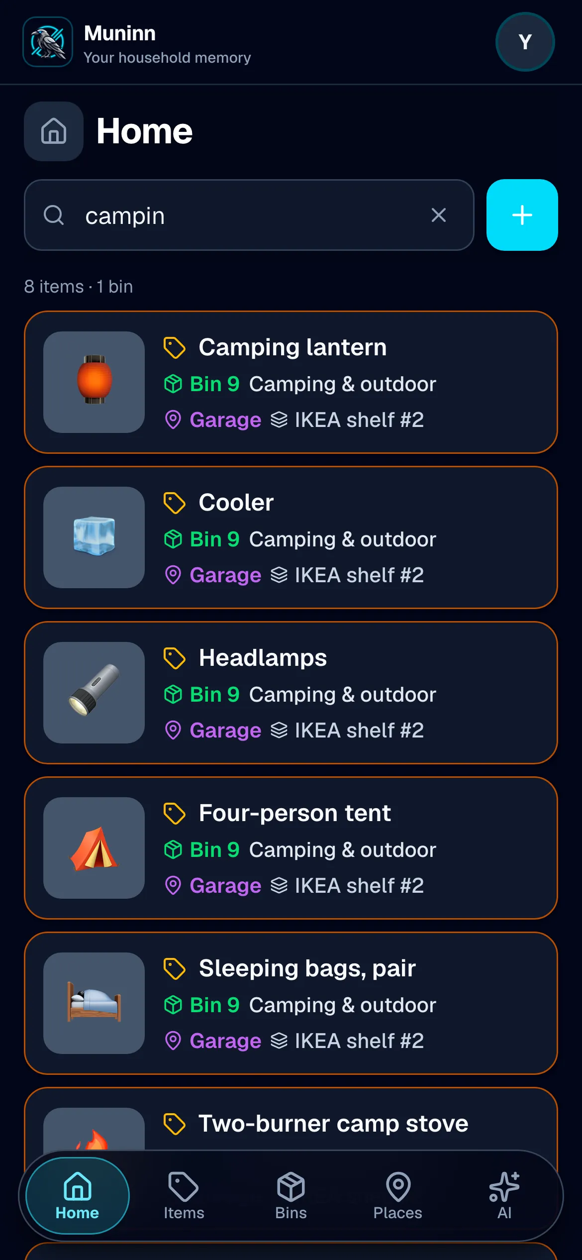 Searching Muninn for “campin” on a phone: eight items and one bin found, every row naming its bin, its place and its shelf.